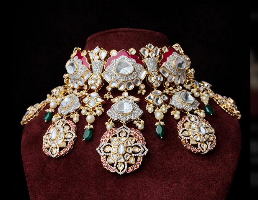 Kundan bridal necklace with pearl drops on a maroon velvet bust
